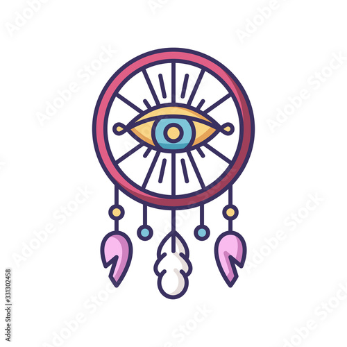 Boho style dreamcather with all seeing eye RGB color icon. Native American Indian mystic symbol. Dream catcher charm. Bohemian vintage accessory. Ethnic handmade decor. Isolated vector illustration