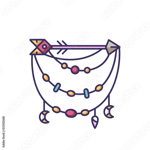 Boho accessory with arrow RGB color icon. Bohemian and hippie style pendant. Ethnic home decoration, tribal charm. Handmade jewellery with beads. Isolated vector illustration