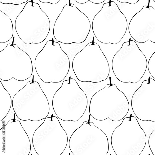 Seamless pattern with pears. Outline black and white graphic wallpaper. Modern summer print.