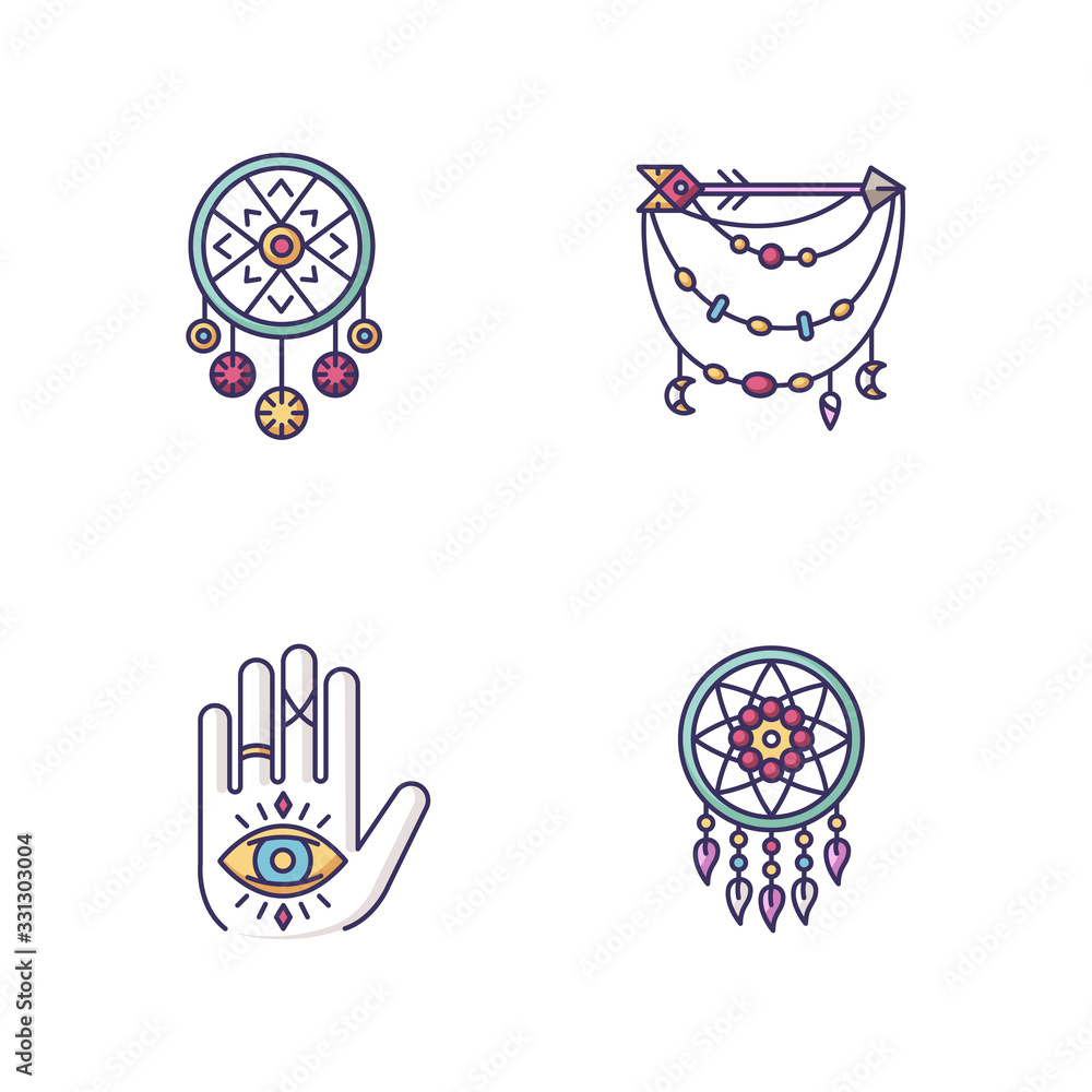 Accessories in boho style RGB color icons set. Palmistry, witchcraft and esoteric amulets. Arrow and beads charm. Dreamcather, hand and all seeing eye talismans. Isolated vector illustrations