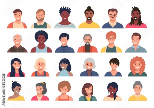 Set of persons, avatars, people heads of different ethnicity and age in flat style. Multi nationality social networks people faces collection.