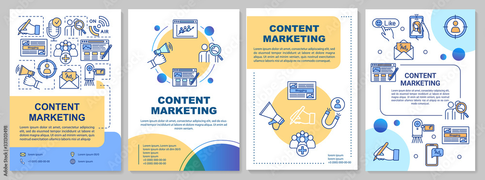 Content marketing brochure template. Visitor conversion in ecommerce. Flyer, booklet, leaflet print, cover design with linear icons. Vector layouts for magazines, annual reports, advertising posters.. Content marketing brochure template. Visitor conversion in ecommerce. Flyer, booklet, leaflet print, cover design with linear icons. Vector layouts for magazines, annual reports, advertising posters..