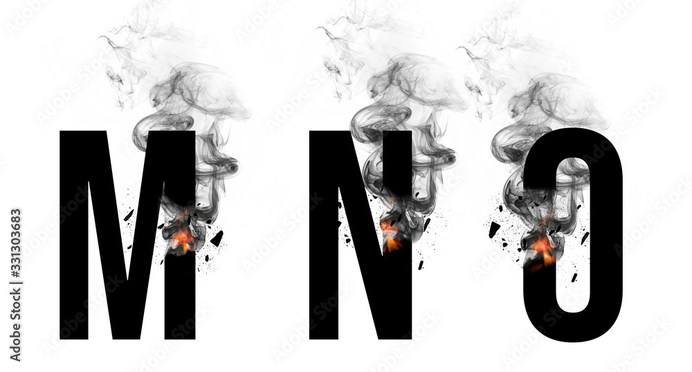 Burning black letters M, N, O. Smoke Font. Alphabet breaks down with small fire and smoke. Illustration. - obrazy, fototapety, plakaty 