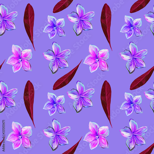 Frangipani Plumeria Tropical Flowers. Seamless Pattern Background. Tropical claret and violet floral summer seamless pattern lilac background with plumeria flowers with leaves.