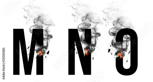 Burning black letters M, N, O. Smoke Font. Alphabet breaks down with small fire and smoke. Illustration. photo