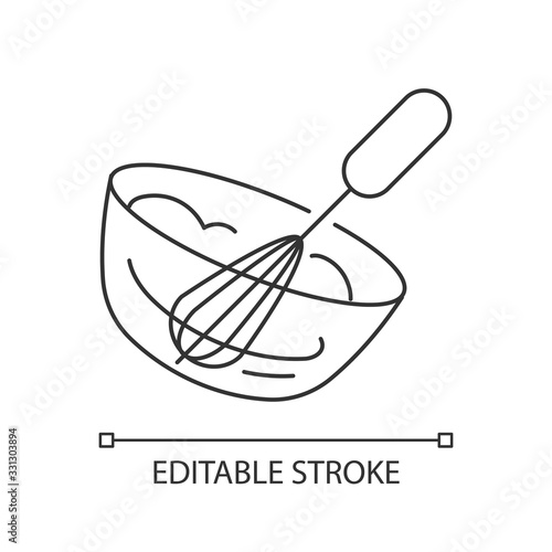 Whipping pixel perfect linear icon. Thin line customizable illustration. Whipped cream preparation process. Creamy dessert cooking contour symbol. Vector isolated outline drawing. Editable stroke