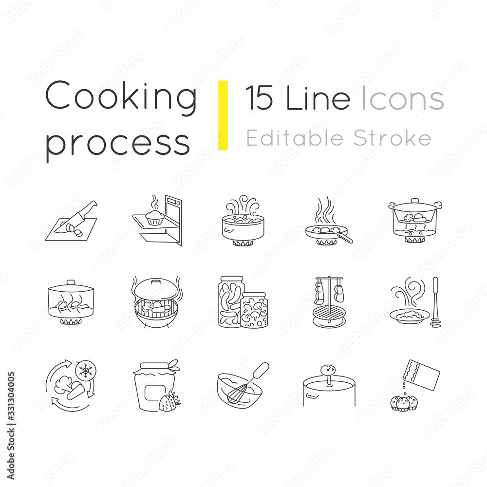 Cooking process pixel perfect linear icons set. Different food preparation methods, culinary techniques customizable thin line contour symbols. Isolated vector outline illustrations. Editable stroke Cooking process pixel perfect linear icons set. Different food preparation methods, culinary techniques customizable thin line contour symbols. Isolated vector outline illustrations. Editable stroke