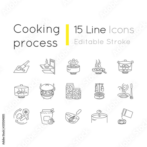 Cooking process pixel perfect linear icons set. Different food preparation methods, culinary techniques customizable thin line contour symbols. Isolated vector outline illustrations. Editable stroke