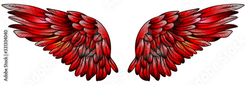 Bright fiery glowing red phoenix magic wings, vector