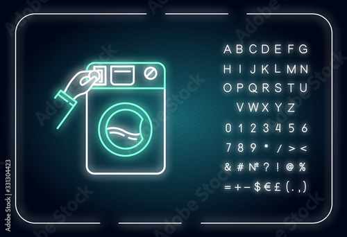 Self-service laundry neon light icon. Laundromat, washateria, coin wash service. Outer glowing effect. Sign with alphabet, numbers and symbols. Vector isolated RGB color illustration