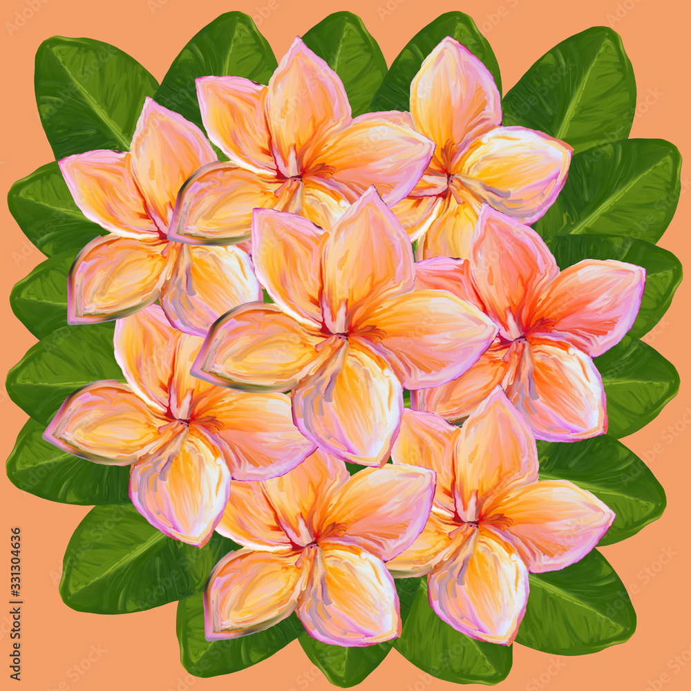 Obraz premium Tropical lush bouquet with green exotic leaves and pink and gold flowers. Frangipani Plumeria Tropical Flowers on pink background, watercolor,gouache illustration, hand drawing.