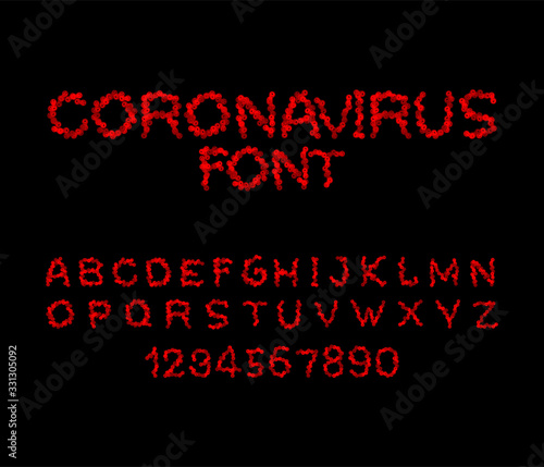 Coronavirus Font. bacteria letter. Epidemic alphabet. Pandemic ABC. Letters are made up of viruses. 2019-ncov font