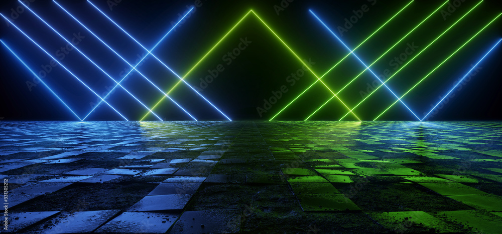 Cosmic Sci Fi Futuristic Pantone Blue Green Neon Modern Laser Grunge Rough  Cement Tiled Concrete Floor Triangle Shaped Lights VIbrant Electric Cyber  Virtual 3D Rendering Illustration Stock | Adobe Stock