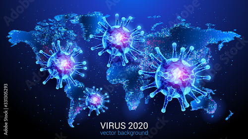Polygonal image of a virus on the background of the planet Earth map. Vector. Dark blue abstract background. Red lesions of coronavirus. World pandemic. Place for text.