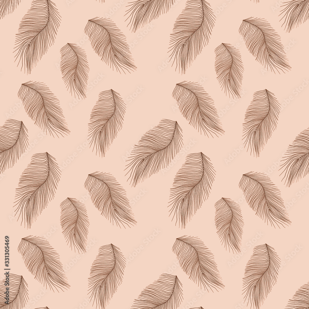 Seamless pattern with hand-drawn softness white feathers on beige, Great for wedding decor, wrapping paper, background, fabric print, web page backdrop, wallpaper.