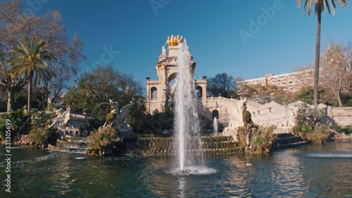 4K Parc de la Ciutadella Fountain, Barcelona, modernist fountain in city park slow motion