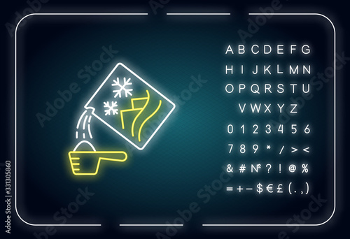 Washing powder neon light icon. Cleaning product package, laundry detergent, dry linen bleach. Outer glowing effect. Sign with alphabet, numbers and symbols. Vector isolated RGB color illustration