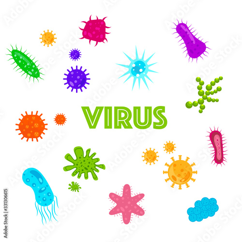 Different Kinds of Viruses. Virus Infection. Epidemic. Red, orange, purple and green virus. Molecule. Bacteria Biology Organisms Seamless Pattern. Medical Genetics Bacteriological Microorganism. Flat 