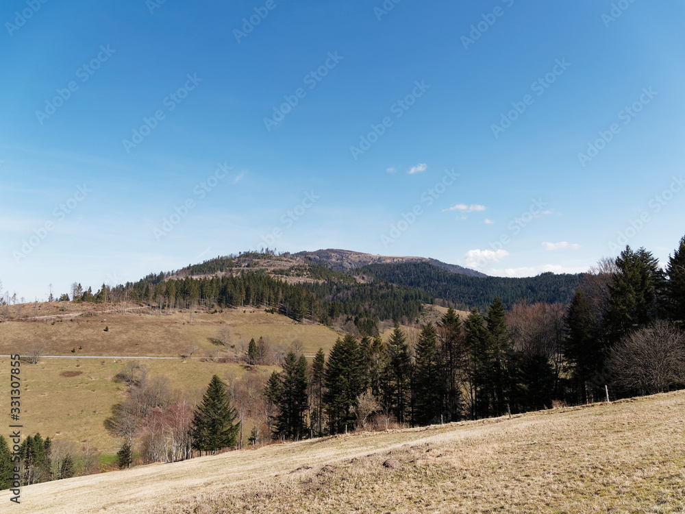 Black-Forest landscape in South Germany. Around the lake of Nonnenmattweiher, beautiful hiking place with view on Belchen Massif Black-Forest landscape in South Germany. Around the lake of Nonnenmattweiher, beautiful hiking place with view on Belchen Massif