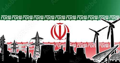 Energy production in Iran vector with solar panels, wind turbine, atomic and heat power plants and electric lines