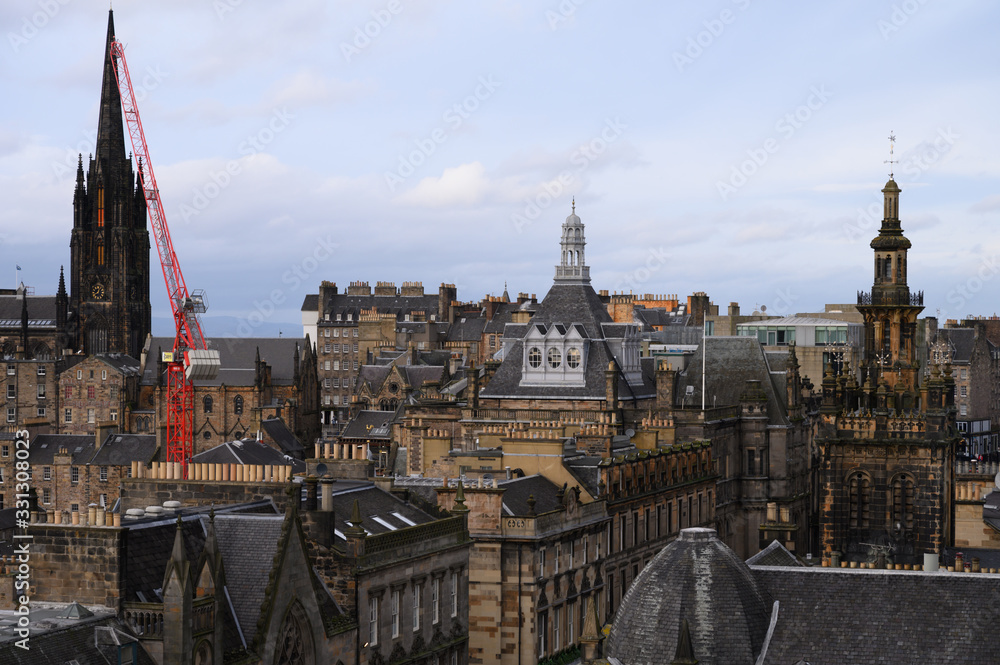 Fototapeta premium Roofs of historical buildings is Old Town, central part of Edinburgh, capital of Scotland