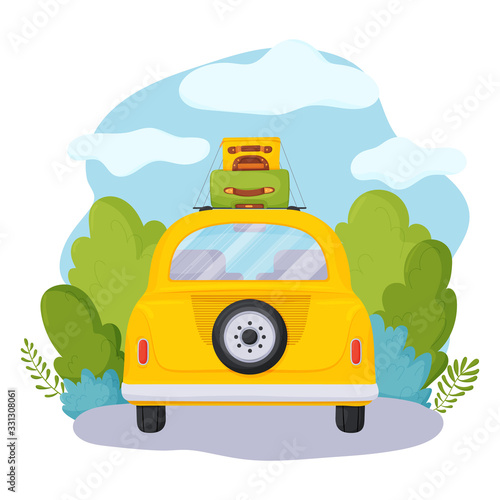 Travelling by car. View from the back of a car with luggage on the background of roads and trees, sky and clouds.