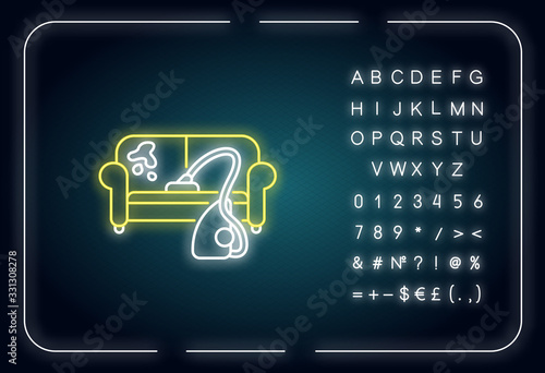 Furniture dry cleaning neon light icon. Sofa washing, laundry, furnishing delicate cleaning. Outer glowing effect. Sign with alphabet, numbers and symbols. Vector isolated RGB color illustration