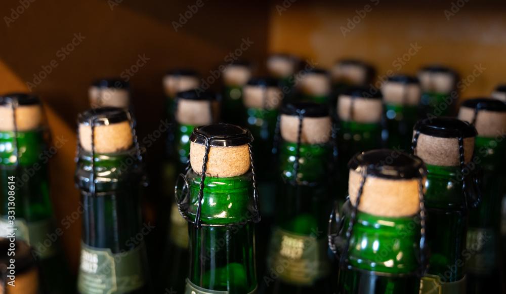 Many Belgian beer bottles in abbey shop