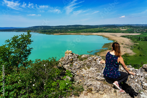 Arial panoramic view of Balaton with a young woman