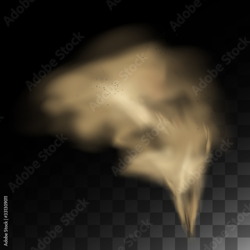 Dust cloud with particles, , desert sandstorm, cloud banner and brown sand flying. Smell smog realistic texture vector illustration isolated.