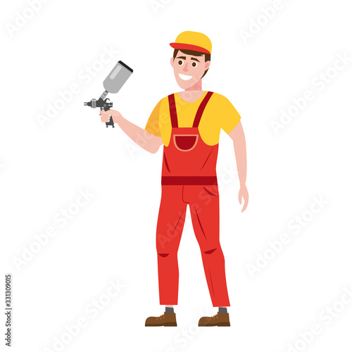 Spray painter professional character spraying yellow paint from paint gun wearing uniform