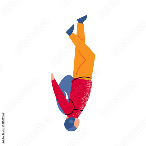 Skydiver in blue helmet falling down with the parachute backpack. Vector illustration in a flat cartoon style.