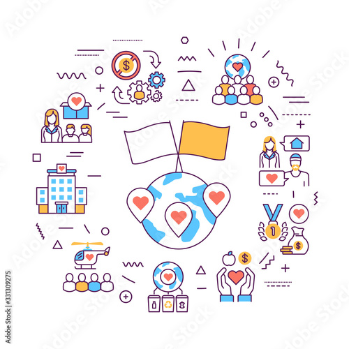 Volunteering web banner. Non profit community. Humanitarian aid. Infographics with linear icons on blue background. Creative idea concept. Isolated outline color illustration