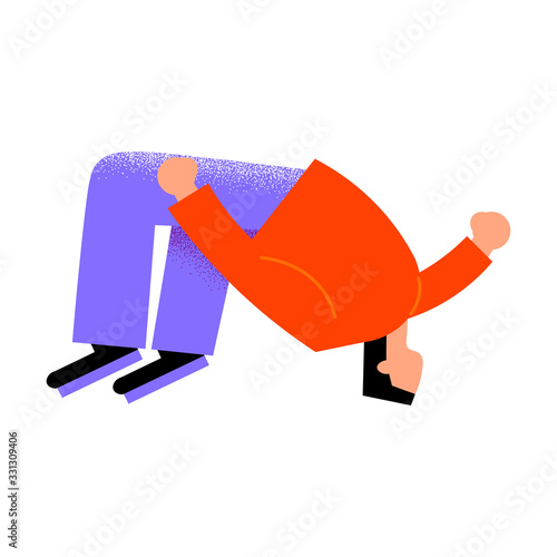 Parkour young man in blue pants doing a jump with a flip. Vector illustration in a flat cartoon style.