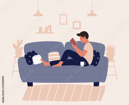 Boy sitting on sofa or couch with pillow and read book. Young man resting in cozy atmosphere of his room, apartment, home. Relax concept character flat design vector illustration, modern lifestyle