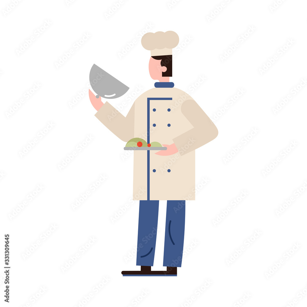 Chef-cook male character presenting meal on a silver platter. Vector illustration in flat cartoon style.
