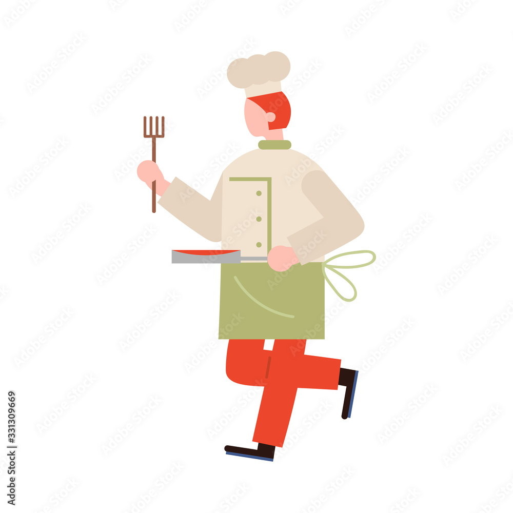 Chef-cook male character carrying meal on a silver skillet. Vector illustration in flat cartoon style. Chef-cook male character carrying meal on a silver skillet. Vector illustration in flat cartoon style.
