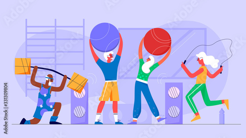 Senior old white hair people doing exercises in gym flat vector illustration. Old men and women jumping rope, do fitness with fitness balls in sport hall. Healthy lifestyle concept