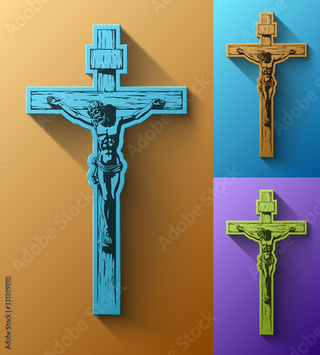 Crucified Jesus Christ on the Cross, Symbol Christian religion, Vector illustration