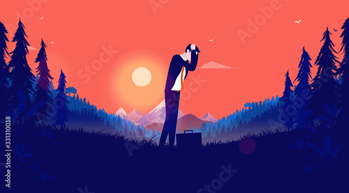 Laid off - Unemployed man feeling unhappy and worried alone in forest with red sky. Just lost his job. Business layoff, loosing job and economy problems concept. Vector illustration.