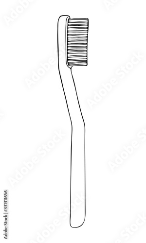 Flat toothbrush for daily hygiene of the oral cavity. Isolated item of personal hygiene products. Drawn by hand with black outline icon on white background. Vector realistic drawing