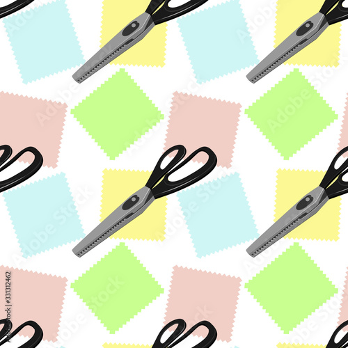 Seamless pattern. Large tailor's scissors for sewing with zigzag blades and black handles lie on three colorful shreds.