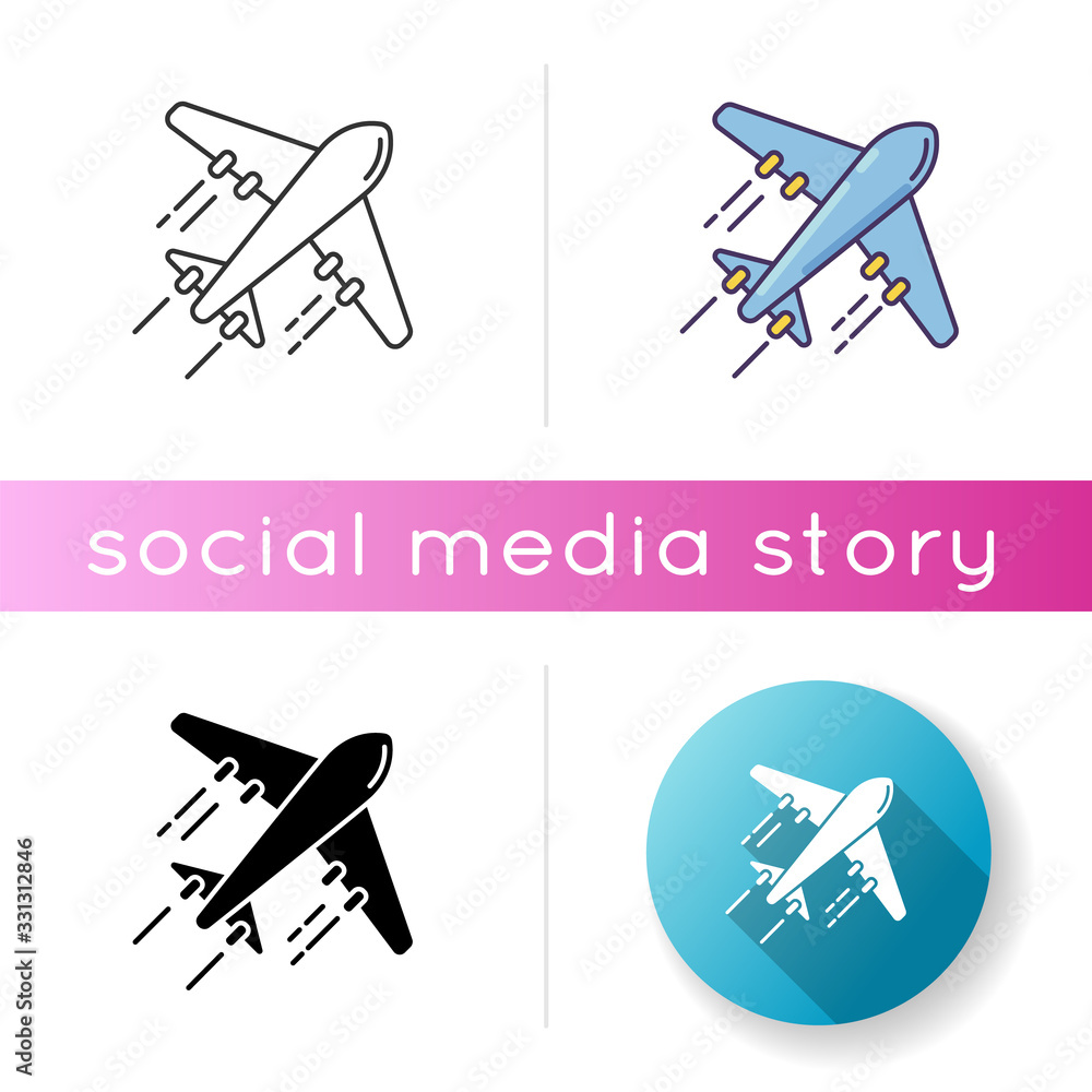 Airplane icon. Flight with airlines. Take airliner to destination. Trip abroad. International journey with plane. Tourism, traveling. Linear black and RGB color styles. Isolated vector illustrations Airplane icon. Flight with airlines. Take airliner to destination. Trip abroad. International journey with plane. Tourism, traveling. Linear black and RGB color styles. Isolated vector illustrations