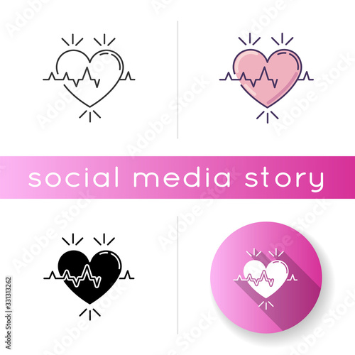Heart icon. Pulse rate. Heartbeat rhythm. Cardiogram frequency analysis. Cardio health care. Medical tests. Clinic analysis. Linear black and RGB color styles. Isolated vector illustrations