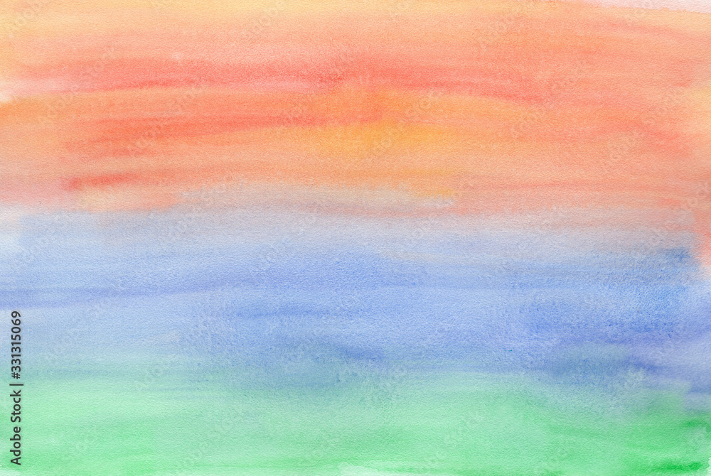 Horizontal nature gradient from green to blue and orange watercolor background, wash technique. Bright sunset sky, sea and forest watercolour textured concept Horizontal nature gradient from green to blue and orange watercolor background, wash technique. Bright sunset sky, sea and forest watercolour textured concept