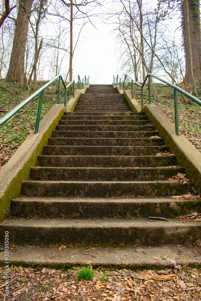 Looking Up a Concrete Stairwell in a Park With Green Railings on Each Side