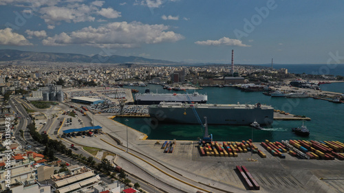 Aerial drone photo of Keratsini ro ro car carrier vessel terminal, Piraeus, Attica, Greece