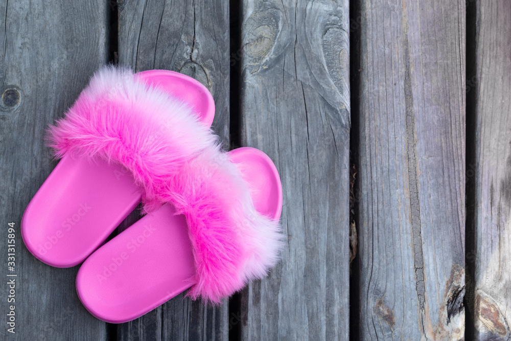 Ταπετσαρία Close-up girl or woman empty glamour fashion fluffy fuzzy slippers standing on wooden floor board background