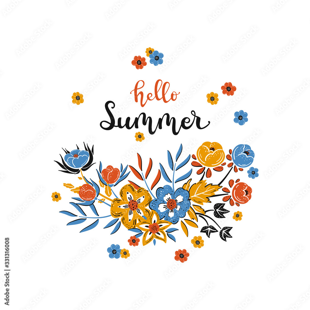 Hello Summer Text and Floral Wreath Frame. Hand Drawn Lettering Poster with Flowers. Lovely Summer Theme Invitation or Greeting Card with Wildflowers Hello Summer Text and Floral Wreath Frame. Hand Drawn Lettering Poster with Flowers. Lovely Summer Theme Invitation or Greeting Card with Wildflowers