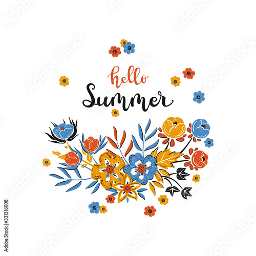 Hello Summer Text and Floral Wreath Frame. Hand Drawn Lettering Poster with Flowers. Lovely Summer Theme Invitation or Greeting Card with Wildflowers